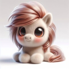 3D realistic adorable fluffy funny pony expression on a white background