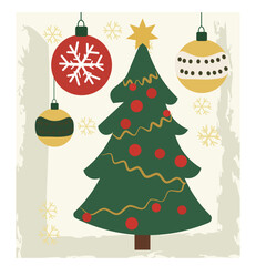 Whimsical Merry Christmas Illustration with Decorated Tree and Snowflakes-01