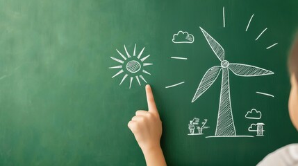 Future Energy Education: Child's Hand Points to Renewable Power Drawings on Chalkboard, Symbolizing Hope for a Sustainable Climate Future Eco-Friendly Learning