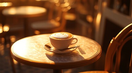 Obraz premium A rich creamy cappuccino topped with foam served on a table at sunset, golden hour, coffee, cup, drink, espresso, cafe, hot, beverage, breakfast, white, caffeine, morning, mug, brown, table