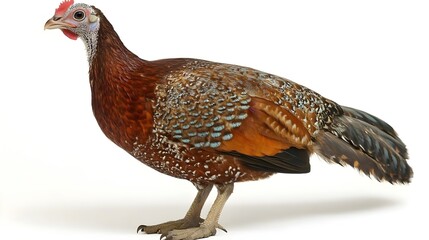 Beautiful Red Junglefowl Hen Isolated on White Background Stunning Detailed Image of a Domesticated Breed