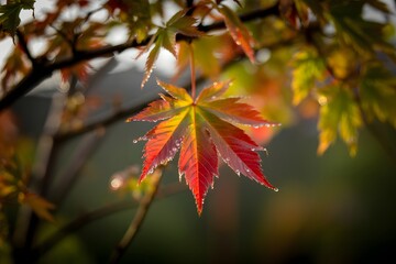 Single dew covered maple leaf in autumn sunlight