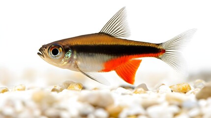 Fototapeta premium Stunning Red Tailed Black Skirt Tetra Fish in Aquarium Vivid Close Up