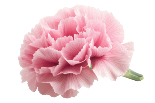 Tender pink carnation blossom conveying a message of love and devotion against stark black detailed isolated on transparent background. Generative Ai.