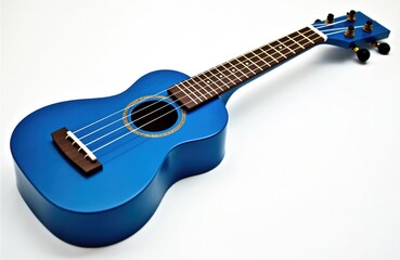 Blue ukulele isolated white background. Musical instrument with strings, wood, acoustic. Hawaiian music, concert, performance, party, entertainment, art, craft.