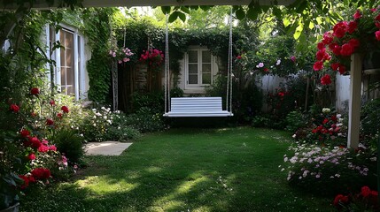 Serene Garden with White Hanging Swing Bench Peaceful Backyard Oasis Lush Green Lawn Blooming Roses