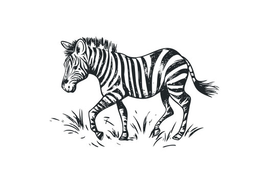 Illustration of a zebra walking with striped pattern detail. Vector retro hand drawn illustration