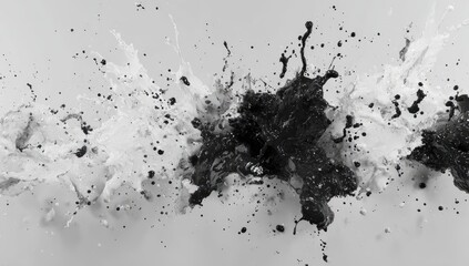 A dynamic monochrome splash of black and white paint colliding and splattering against a light grey background, creating a chaotic yet balanced composition