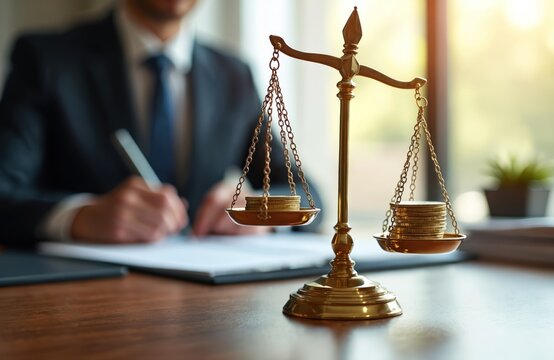 Legal scales balancing coins on attorney desk. Lawyer working in background. Symbols of justice, finance, legal services. Concept of fairness, financial responsibility, investment. Business, law.