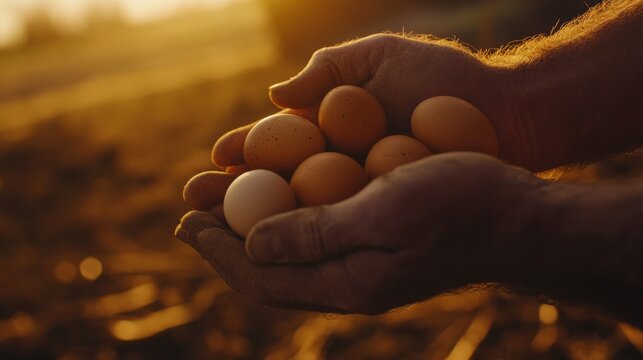 Hands holding fresh eggs in a rural setting. Organic farming and self-sufficiency. Warm sunlight, natural atmosphere.