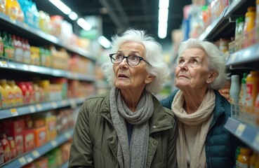 Two senior women shocked by high price in store. Older adults surprised at market. Old ladies look up in the supermarket, checking product prices. Financial struggle. Inflation shopping for groceries.