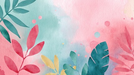 Nature-inspired soft background with watercolor textures and leaf silhouettes, pastel tones, great for eco-friendly or wellness-themed poster layouts