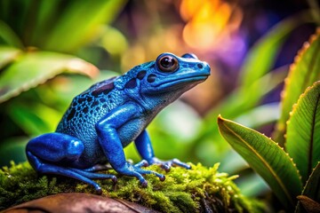 Obraz premium Dazzling blue poison dart frog, vintage rainforest photo. Central & South American amphibian wildlife.