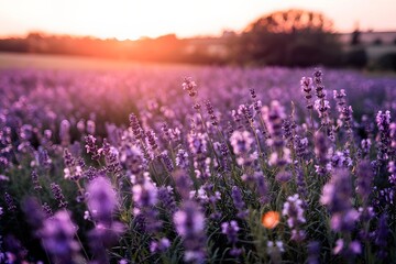 Fototapeta premium Sunset lavender field purple flowers nature