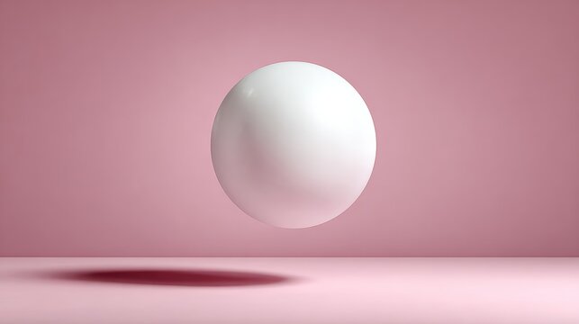 White ball is floating in the air above a pink background