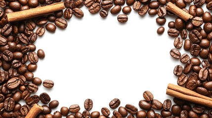 Coffee beans and cinnamon sticks form a frame on a white background, creating a rustic, aromatic border perfect for text or imagery