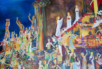 Faithful crowd in sanctuary. Faithful people at altar. Merchants, priests, believer, in ancient temple. Original genre oil on canvas painting.