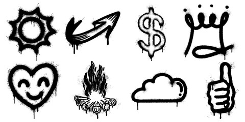 graffiti style icon set with black spray stencil elements. arrow, crown, heart, cloud, flame, sun, thumbs up, and dollar sign. Grunge, dripping paint texture gives strong street art aesthetic.