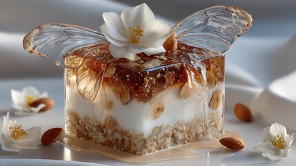 Exquisite dessert creation: Honeyed layers, almond accents, and a delicate floral touch