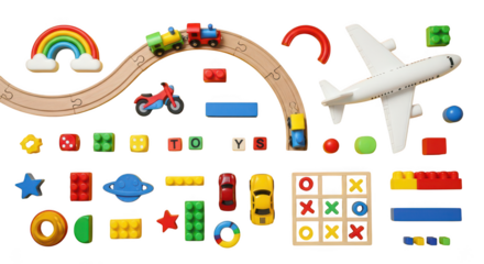 Colorful childrens toys on black background