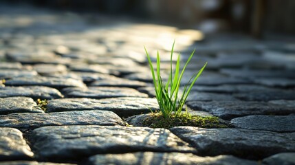 Patch of grass growing between cobblestone path, natural textures