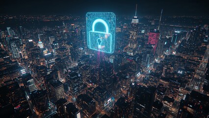 Futuristic neon-lit cityscape under perpetual night featuring massive holographic padlock emitting binary streams.  Ideal for game assets, sci-fi covers, or film concept art.