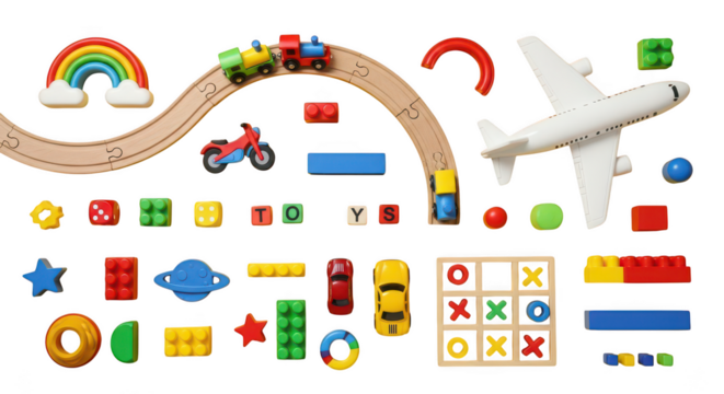 Colorful childrens toys on black background