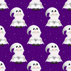 Adorable ghost gnome seamless pattern on a purple background with tiny stars. Great for Halloween decor, kids' crafts, and spooky fabric projects.