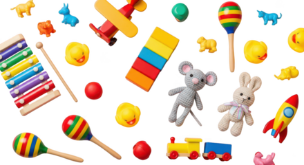 Colorful childrens toys overhead view