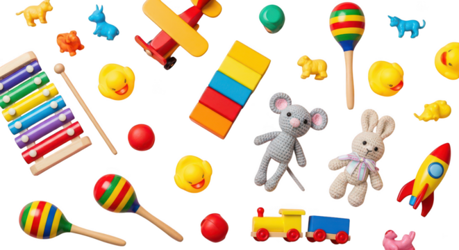 Colorful childrens toys overhead view - Powered by Adobe