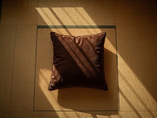 Chocolate brown velvet zabuton pillow. Morning sun through shoji windows creates warm geometric patterns. Ideal for home decor blogs, meditation content, or cultural design projects