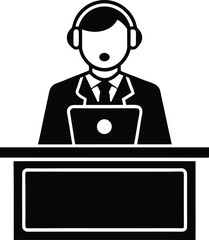 Customer Service Representative at Desk Silhouette Wearing Headset and Looking at Laptop