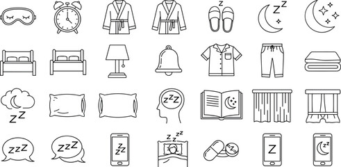 Sleep Vector Icon Set Adjustable Line Weight Bedtime, pillow, pajamas, alarm, night, dreams, sleep mask, relaxation, insomnia, bedroom, comfortable, rest, bedtime routine icons