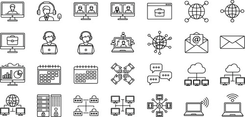  Remote Work Vector Icon Set Adjustable Line Weight Telecommuting, webinar, virtual meeting, online collaboration, networking, productivity, video conference, cloud storage, digital workspace icons.