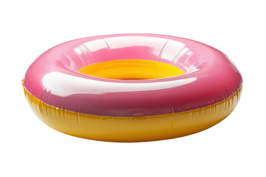 A bright pink and yellow inflatable ring ready for summertime fun and pool games isolated on black isolated on transparent background. Generative Ai.