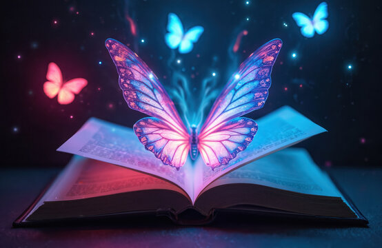 Magical book, glowing butterfly on the cover. Open book, fantasy world with flying butterflies, fairy dust. Literature, education concept. Dream, imagination, knowledge, art, culture, reading.