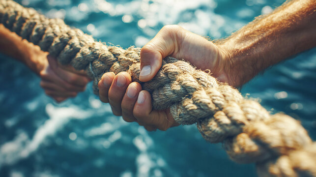 A close-up of hands gripping a rope in a tug-of-war activity, emphasizing teamwork and determination. The image perfectly captures the essence of cooperation - Powered by Adobe