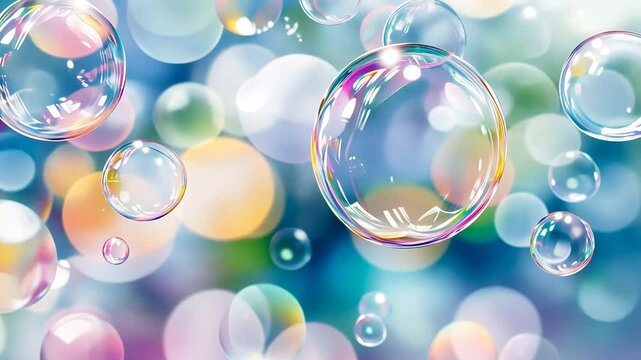 Vibrant soap bubbles with colorful bokeh background in soft focus.