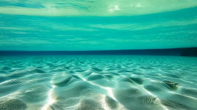 Clear blue water and gentle waves over bright sandy ocean floor creating peaceful underwater scene with calm ocean sunlight