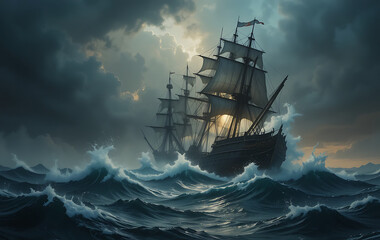 Shipwreck in a stormy sea at night