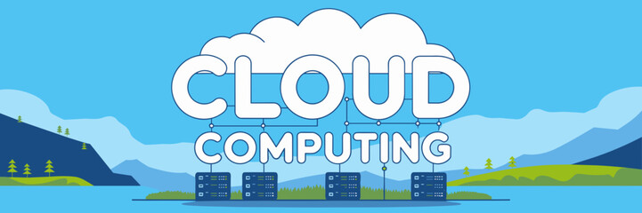 Cloud computing illustration with clouds, servers, and landscape background &ndash; Ideal for cloud storage, data centers, or environmental tech branding