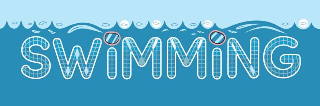 Swimming vector text with waves, goggles, and pool lanes design – Suitable for swimwear advertising and water sports promotions
