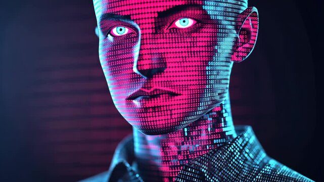 Digital human face with binary code pattern glowing in blue and pink light, futuristic technology and AI innovation concept