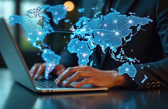 Businessman works laptop, using AI tech to enhance export process. Global business, logistics, international trade optimization. Digital marketing, digital transformation, innovative tech solutions,
