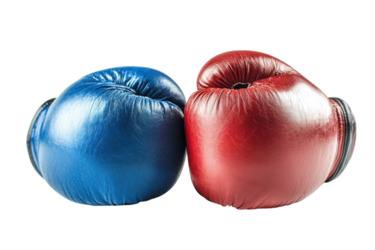 Rival boxing gloves stand toe to toe embodying the spirit of competition and sportsmanship in a isolated on transparent background. Generative Ai.