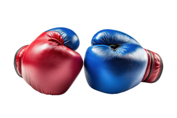 A poised rivalry displayed by the impactful red and blue boxing gloves ready to fight on solid black isolated on transparent background. Generative Ai.