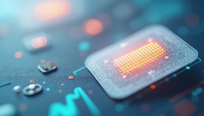 Extreme close-up of wearable health monitoring biosensor patch. Real-time physiological data collection tech. Biomedical sensor innovation, future tech for healthcare, remote patient monitoring.