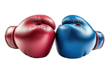 A tense face off red and blue boxing gloves locked in a silent battle vibrant clash on a stark black isolated on transparent background. Generative Ai.