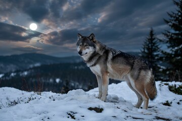 Fototapeta premium Majestic gray wolf in snowy mountains under full moon