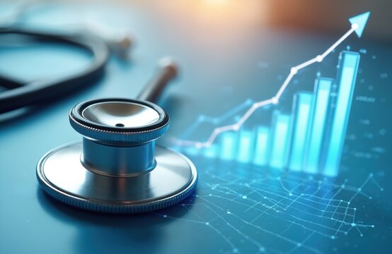 Stethoscope health, medical research, financial growth. Healthcare industry success, rise in medical business, improvement in treatment, modern medicine, medical technology, research. Healthcare cost